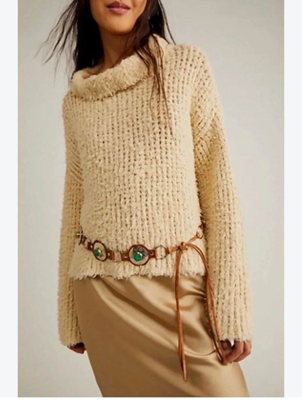 0264 Free People Cream Textured Cowl-Neck Sweater